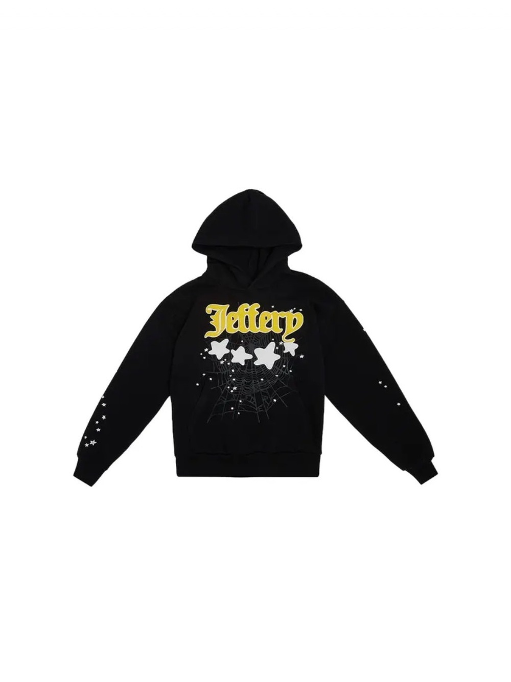 Jeffery Black Graphic Hoodie with Yellow Logo & Star Web Design